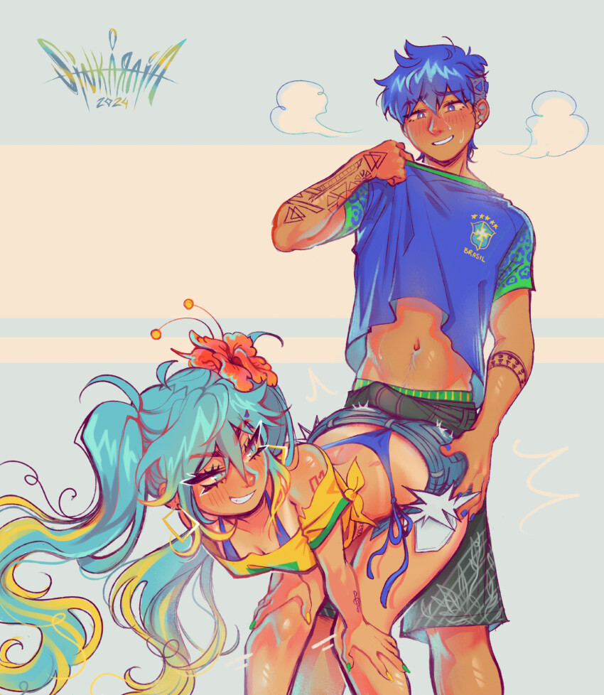 1boy 1girl 2024 alt_text aqua_eyes aqua_hair arm_tattoo bent_over bikini bikini_under_clothes black_male_underwear blue_bikini blue_eyes blue_hair blue_shirt blush brazilian_miku breasts bulge buttjob cleavage clothes_grab commentary_request dry_humping erection erection_under_clothes flower grin hair_flower hair_ornament hands_on_own_hips hatsune_miku hetero highres humping kaito_(vocaloid) long_hair male_underwear medium_breasts portuguese_commentary shirt shirt_grab shorts shorts_under_skirt signature sintastein smile steaming_body sweat swimsuit tan tanline tattoo twintails underwear vocaloid