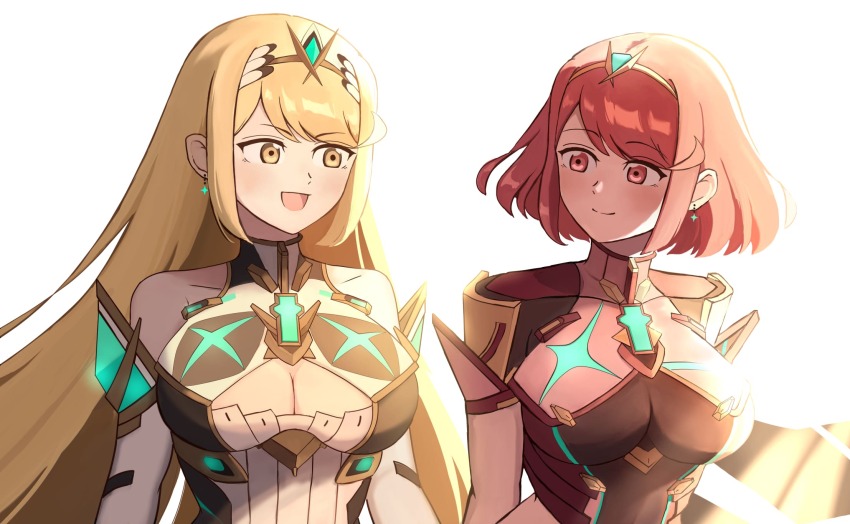 2girls aonoha_ao bare_shoulders blonde_hair breasts chest_jewel cleavage cleavage_cutout clothing_cutout core_crystal_(xenoblade) dress highres large_breasts long_hair multiple_girls mythra_(xenoblade) pyra_(xenoblade) red_eyes red_hair short_hair simple_background tiara white_background white_dress xenoblade_chronicles_(series) xenoblade_chronicles_2 yellow_eyes