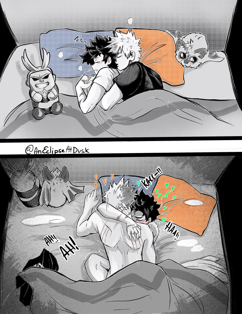 2koma absurdres all_might anal aneclipseatdusk artist_name back bare_back bat_(animal) bed bed_sheet blush boku_no_hero_academia bones_(company) clothes_pull comic completely_nude curly_hair freckles happy_tears heart highres hug legs messy_hair midoriya_izuku moaning nude on_bed pillow saliva scar scar_on_hand scratching_back sex shirt shirt_pull shounen_jump sleeping spiked_hair stuffed_toy tears todoroki_shouto yaoi