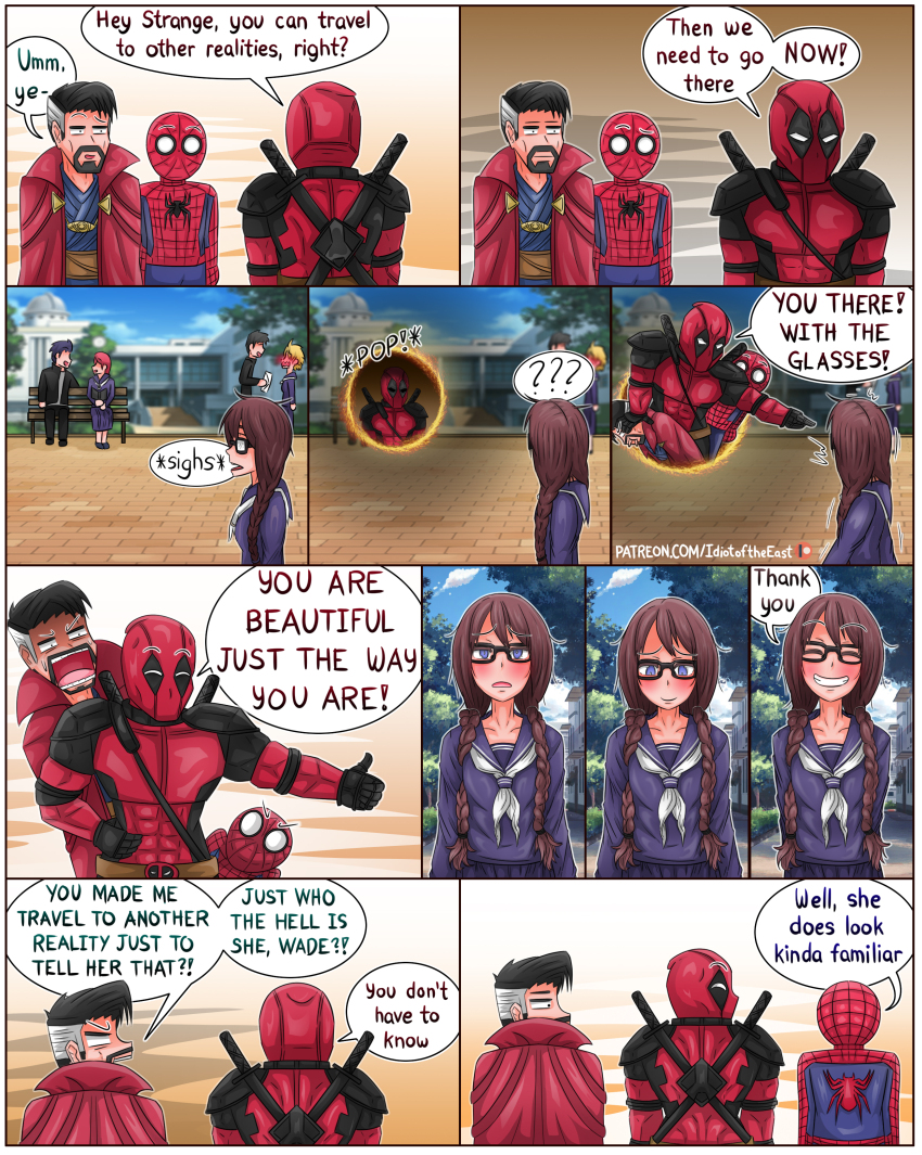 3girls 5boys absurdres angry black_hair braid brown_hair closed_eyes comic crossover deadpool deadpool_(series) doctor_strange emergence_(shindol) english_text glasses happy highres idiot_of_the_east marvel marvel_cinematic_universe multiple_boys multiple_girls portal_(object) school school_uniform smile spider-man spider-man:_into_the_spider-verse spider-man:_no_way_home spider-man_(series) spider-verse sword sword_on_back thumbs_up twin_braids twintails weapon weapon_on_back yoshida_saki