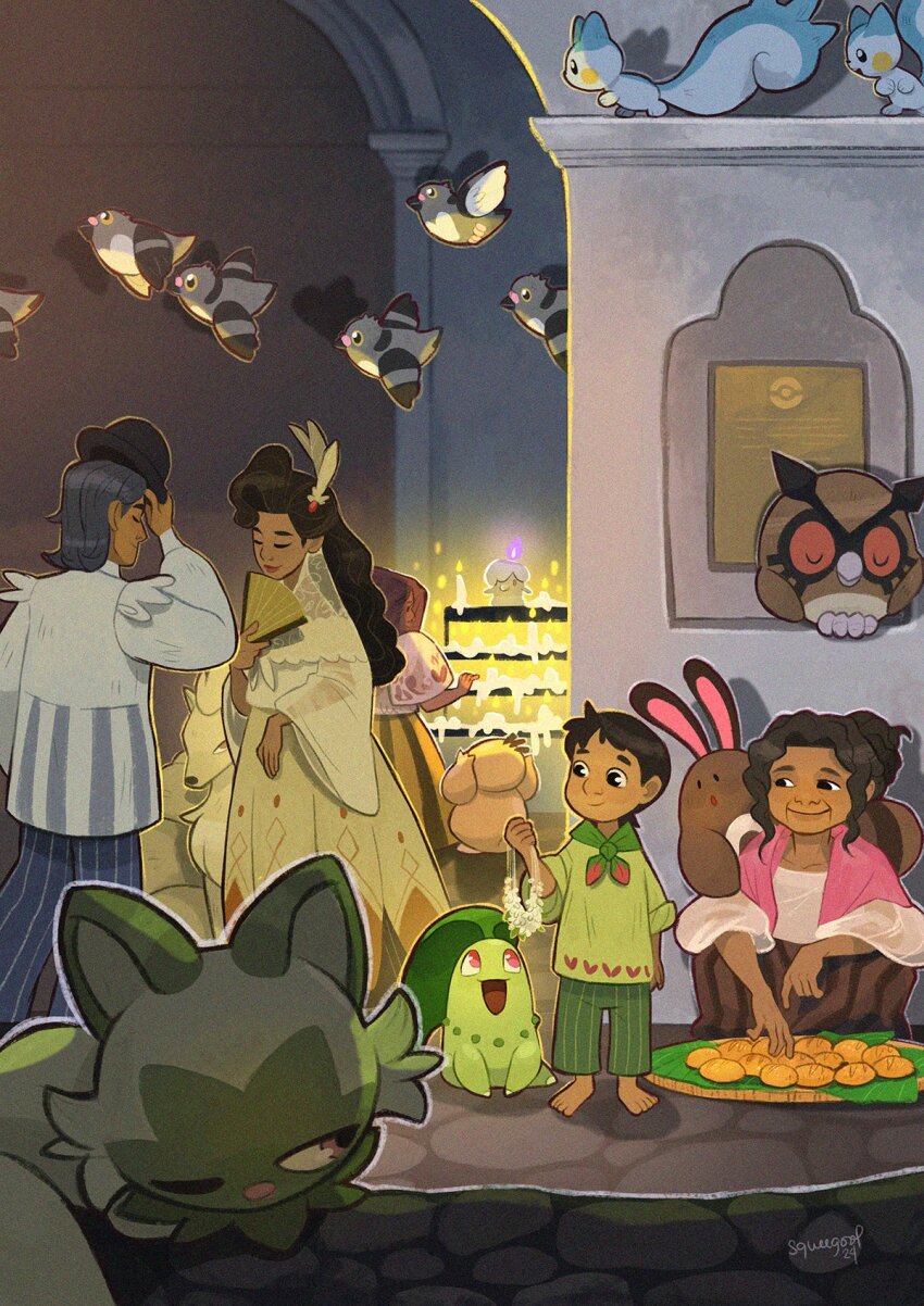 2boys 2girls barefoot bird black_hair black_hat blue_fur brown_fur chikorita child dark-skinned_female dark-skinned_male dark_skin food gen_1_pokemon gen_2_pokemon gen_4_pokemon gen_5_pokemon green_fur green_pants green_shirt hat highres hoothoot jacket litwick long_hair multiple_boys multiple_girls ninetales nintendo one_eye_closed pachirisu pants pidove pokemon pokemon_(creature) red_eyes sentret shirt short_hair sprigatito squeegool two-tone_fur white_fur white_jacket white_shirt