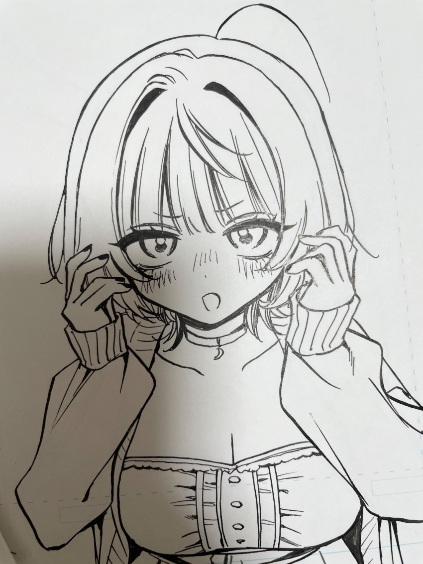 1girl :d akiyama_enma blush breasts cardigan cleavage commentary_request greyscale highres lineart long_sleeves looking_at_viewer loose_hair_strand manuscript_paper monochrome nib_pen_(medium) noa-senpai_wa_tomodachi. nose_blush open_cardigan open_clothes open_mouth pen_(medium) photo_(medium) saotome_noa shirt simple_background sleeves_past_wrists smile solo traditional_media upper_body white_background