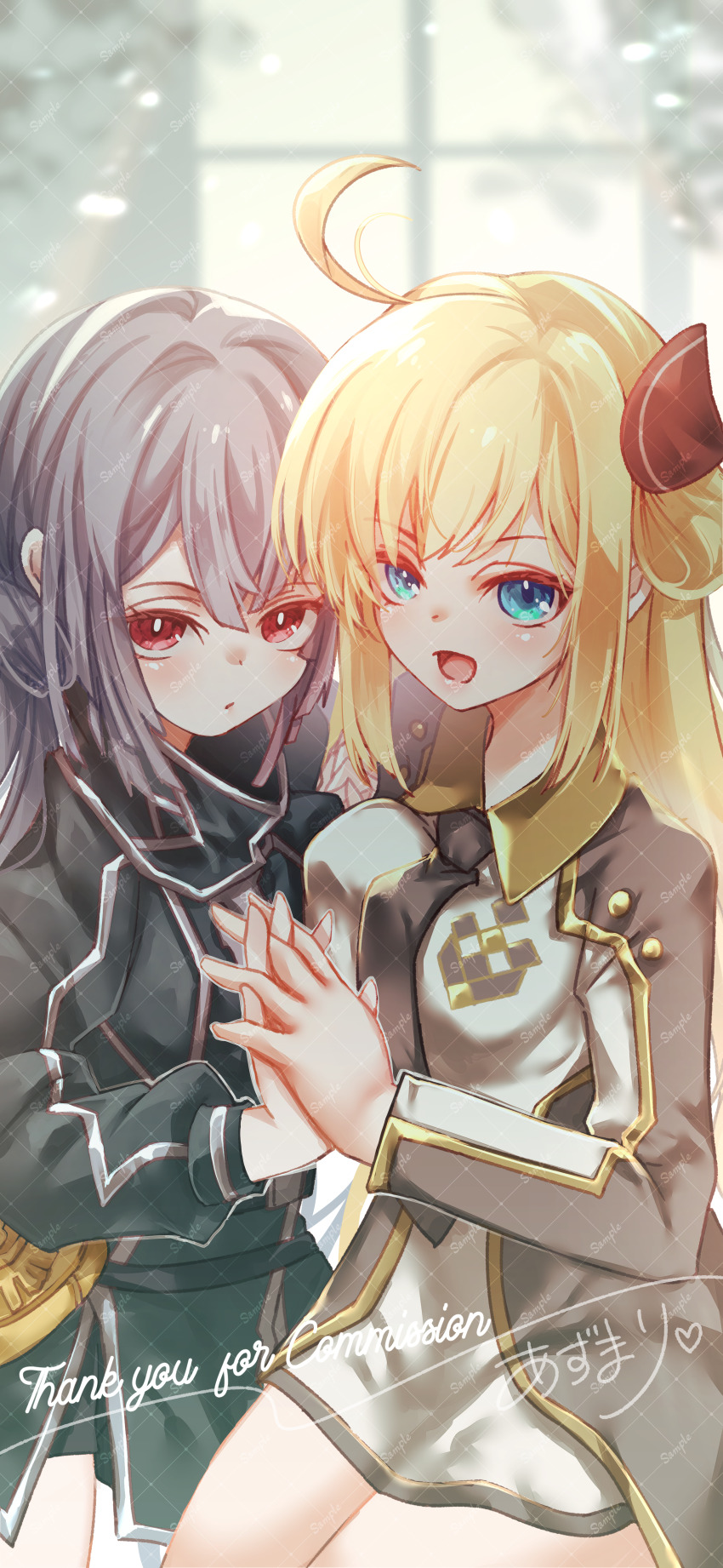 2girls absurdres ahoge asymmetrical_docking az_(colorb05) black_necktie blonde_hair blue_eyes blush breast_press brown_necktie collared_dress commission dress duel_monster english_text grey_hair highres interlocked_fingers long_tail looking_at_viewer multiple_girls necktie open_mouth red_eyes sky_striker_ace_-_raye sky_striker_ace_-_roze tail two-tone_dress yu-gi-oh!