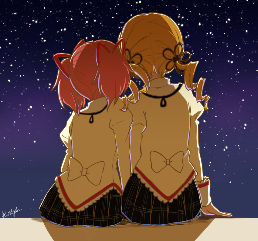 2girls absurdres arm_at_side arm_support back_bow beige_bow black_skirt blonde_hair bow drill_hair flower from_behind hair_flower hair_ornament hair_ribbon hairpin highres juliet_sleeves kaname_madoka long_sleeves mahou_shoujo_madoka_magica mahou_shoujo_madoka_magica_(anime) mitakihara_school_uniform multiple_girls n&#039;bayashi night night_sky outdoors pink_hair plaid_clothes plaid_skirt pleated_skirt puffy_sleeves red_ribbon ribbon school_uniform shadow side-by-side signature sitting skirt sky star_(sky) starry_sky tomoe_mami twin_drills twintails