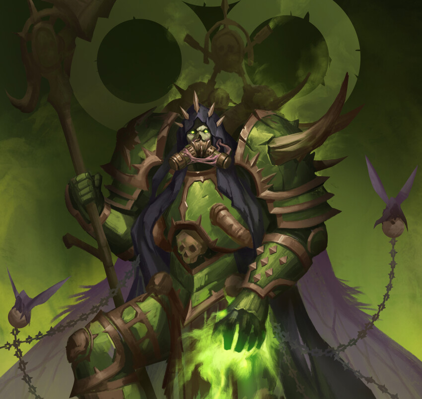 1boy absurdres armor breastplate captain_morgan_pose carrying censer chain chaos_(warhammer) cloak commentary commentary_request couter cuirass cuisses damaged death_guard demon_primarch demon_wings english_commentary flying fumes gauntlets glowing glowing_eyes gradient_background greaves green_armor green_background green_eyes green_theme highres holding holding_scythe holding_weapon hood hooded_cloak insect_wings layered_armor leg_armor leg_up magic male_focus mask mortarion moth_wings no_pupils nurgle nurgle_(symbol) outdoors pauldrons pelvic_curtain poleyn power_armor primarch purple_hood rebreather rerebrace respirator rot_fly scythe shoulder_armor silence_(weapon) skull skull_ornament slime_(substance) solo spiked_armor spiked_hood spiked_pauldrons spikes straight-on veins warhammer_40k weapon wings zhangke_24