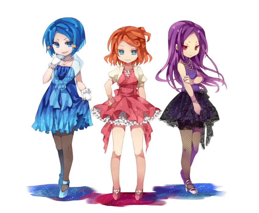3girls bad_id bad_pixiv_id blue_eyes blue_hair dress fishnet_pantyhose fishnets formal_clothes hair_ornament hairclip hasuike_an inazuma_eleven inazuma_eleven_(series) kotoko_(oxxxo) kurakake_clara legs long_hair multiple_girls orange_hair pantyhose purple_hair red_eyes short_hair thighhighs touchi_ai