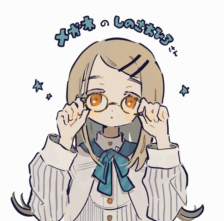 1girl blue_bow blue_bowtie bow bowtie buttons colored_eyelashes flipped_hair gakuen_idolmaster glasses gooooskap hair_ornament hairclip idolmaster long_sleeves orange_eyes parallel_hairclips parted_bangs shinosawa_hiro simple_background solo upper_body white_background