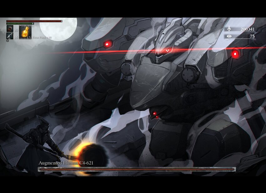 2others armored_core armored_core_vi:_fires_of_rubicon bloodborne character_request circular_saw coat estus_flask full_moon gameplay_mechanics gloves glowing glowing_eyes hat health_bar highres holding holding_weapon humanoid_robot hunter_(bloodborne) kyou_(iuciferic) long_sleeves mecha mecha_focus moon multiple_others outdoors robot saw smoke user_interface weapon