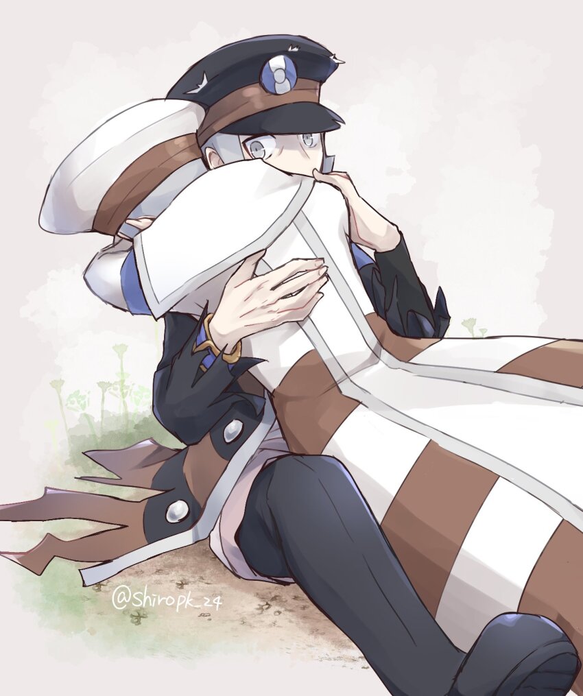 2boys black_coat black_hat black_pants black_shoes brothers coat commentary_request emmet_(pokemon) grey_eyes grey_hair hat highres hug ingo_(pokemon) looking_at_another male_focus multiple_boys nintendo pants pokemon pokemon_bw pokemon_legends:_arceus shio25 shoes short_hair siblings sitting torn_clothes torn_coat twins twitter_username white_coat white_hat