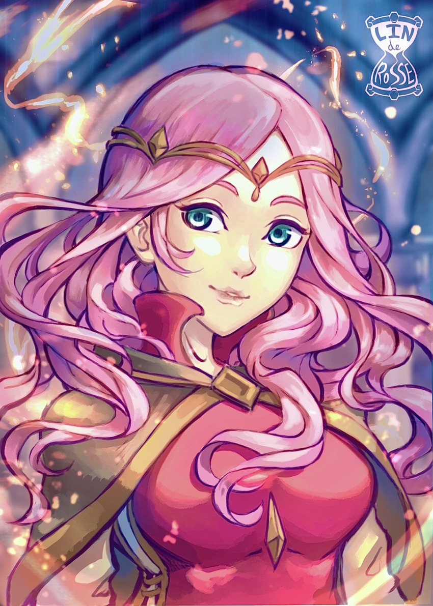 1girl artist_name blue_eyes breasts cape circlet frederica_aesfrost highres linderosse lipstick long_hair looking_at_viewer makeup medium_breasts pink_hair smile triangle_strategy upper_body