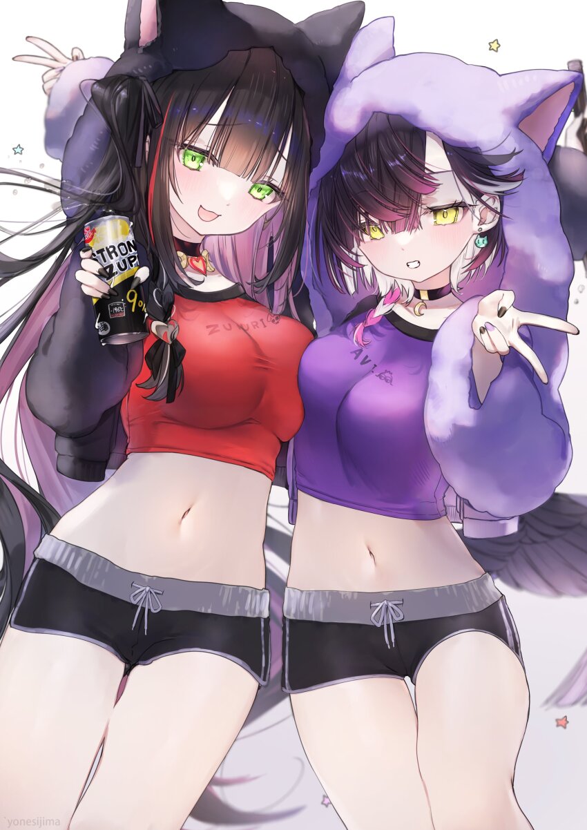 2girls :d absurdres animal_ear_hood black_hair black_nails black_shorts braid breasts can character_name choker colored_inner_hair commentary_request earrings fake_animal_ears green_eyes green_hair grin highres holding holding_can hood hood_up jacket jewelry looking_at_viewer louise_priere multicolored_hair multicolored_nails multiple_girls navel open_mouth pink_hair purple_hair purple_jacket purple_nails purple_shirt red_hair red_shirt shirt short_shorts shorts smile streaked_hair teeth tsukiyoi_avi v varium white_background white_hair yellow_eyes yonesijima