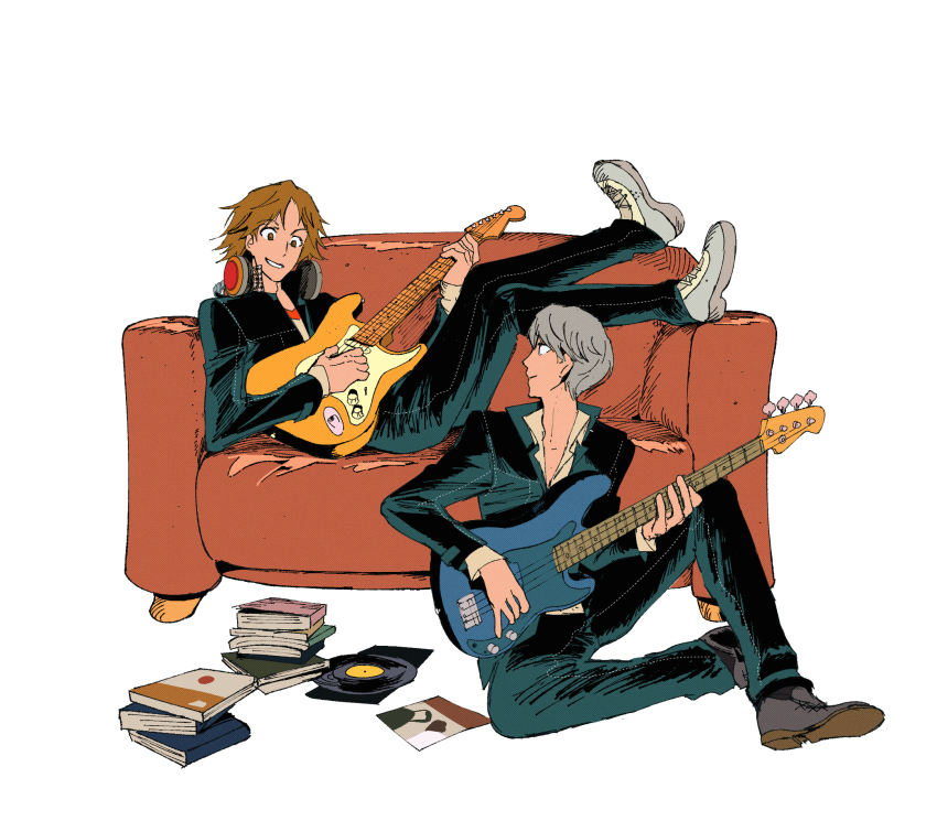 2boys babakun black_jacket black_pants book brown_eyes brown_hair collared_shirt couch grey_hair guitar hanamura_yousuke headphones headphones_around_neck highres holding holding_guitar holding_instrument instrument jacket male_focus multiple_boys narukami_yu pants persona persona_4 reclining record school_uniform shirt shoes simple_background sitting sneakers white_background white_shirt yasogami_school_uniform