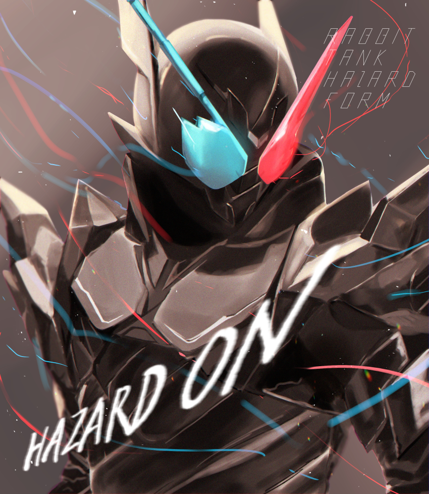 1boy armor black_armor black_background blue_eyes cino-momo english_text hazard_trigger heterochromia highres kamen_rider kamen_rider_build kamen_rider_build_(series) male_focus profile rabbit+tank_form_(black_hazard) red_eyes solo tokusatsu