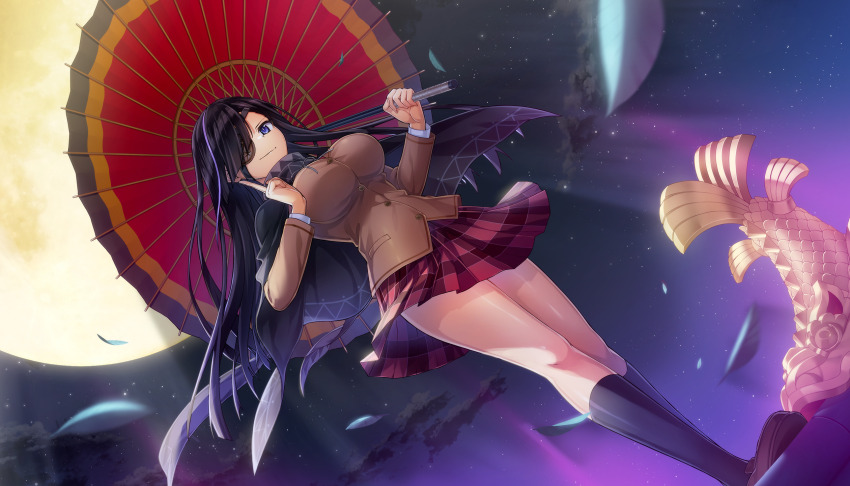 1girl black_cape black_hair black_socks blazer blue_eyes breasts brown_jacket brown_shoes buttons cape closed_mouth cloud cosplay crossover dolphin_wave eyepatch falling_feathers feathers fish_statue full_body game_cg hair_over_one_eye highres holding holding_umbrella huge_moon impossible_clothes jacket kuji-in kurose_minami large_breasts loafers long_hair long_sleeves looking_at_viewer miniskirt moon night non-web_source official_alternate_costume official_art oil-paper_umbrella on_rooftop ootomo_takuji plaid_clothes plaid_skirt pleated_skirt red_skirt rooftop school_uniform senran_kagura senran_kagura_new_link senran_kagura_shoujo-tachi_no_shin&#039;ei shiny_skin shirt shoes skirt sky smile smirk socks solo standing star_(sky) starry_sky umbrella white_shirt yagyu_(senran_kagura) yagyu_(senran_kagura)_(cosplay)