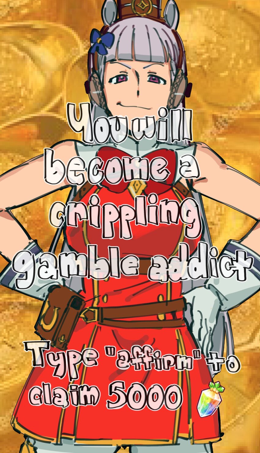 1girl animal_ears belt belt_pouch blunt_bangs brown_belt brown_hat carrot closed_mouth coin commentary cowboy_shot dress english_commentary english_text gacha_(game_mechanic) gloves gold_ship_(umamusume) grey_hair hands_on_own_hips hat highres horse_ears horse_girl liowig long_hair looking_at_viewer orange_background pink_eyes pouch red_dress sleeveless sleeveless_dress smile solo umamusume white_gloves
