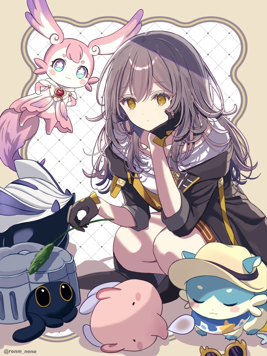 1girl 5others absurdres aqua_eyes black_gloves black_jacket bubbles_(honkai:_star_rail) cattail chimera_(honkai:_star_rail) closed_mouth critter_pick_(honkai:_star_rail) expressionless gloves grey_hair grid_background hair_between_eyes hand_on_own_cheek hand_on_own_face heart-shaped_gem highres holding holding_plant honkai:_star_rail honkai_(series) jacket long_hair mem_(honkai:_star_rail) multiple_others pink_fur plant shirt squatting star-shaped_pupils star_(symbol) stelle_(honkai:_star_rail) sunglasses symbol-shaped_pupils tail trailblazer_(honkai:_star_rail) trailblazer_(trash_cake)_(honkai:_star_rail) trotter_(honkai:_star_rail) tuskpir_(honkai:_star_rail) twitter_username two-tone_background unworn_eyewear white_shirt yellow_eyes yuma_(mron_322)