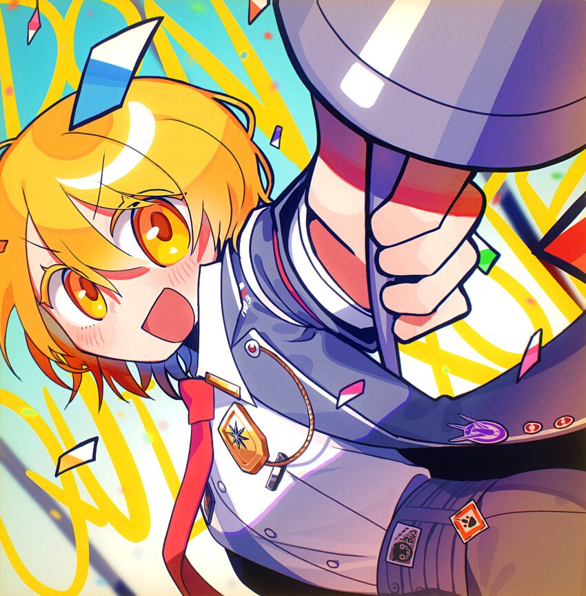 1girl :d black_coat blonde_hair blue_background character_name coat collared_shirt confetti don_quixote_(project_moon) highres holding holding_polearm holding_weapon limbus_company long_sleeves looking_at_viewer necktie nr6nzqrcgf60864 open_mouth polearm project_moon red_necktie shirt short_hair simple_background smile solo upper_body weapon white_shirt yellow_eyes