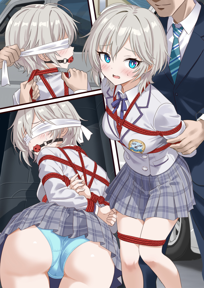1girl anastasia_(idolmaster) arms_behind_back ball_gag bdsm blazer blonde_hair blue_eyes blue_panties bondage bound bound_arms bound_legs bow bowtie breasts cameltoe collared_shirt commission gag gagged highres idolmaster idolmaster_cinderella_girls jacket kidnapped kidnapping medium_hair open_mouth panties pixiv_commission pleated_skirt restrained shibari shibari_over_clothes shimouki_izui shirt skindentation skirt small_breasts thigh_gap underwear white_blindfold wiffle_gag