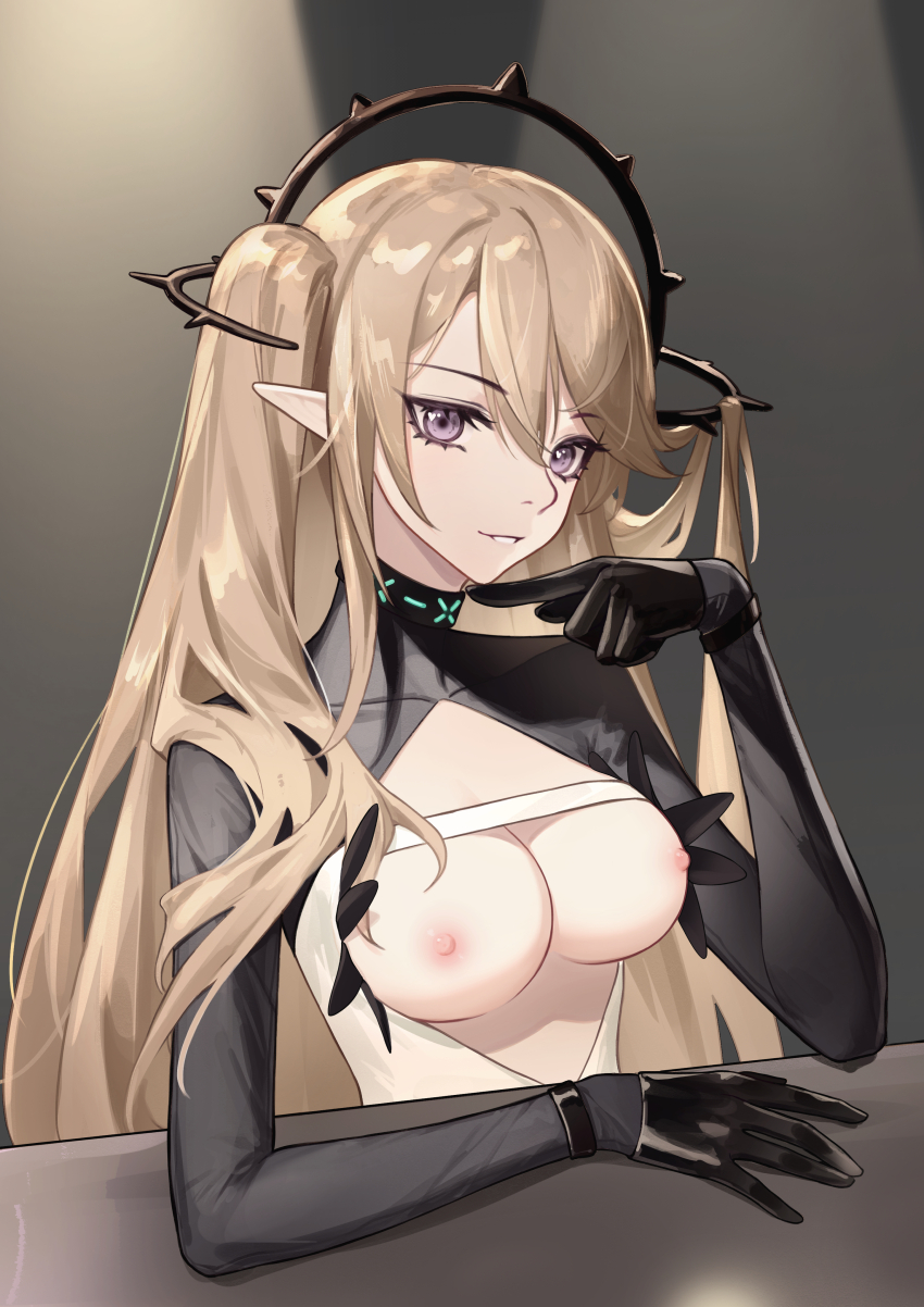 absurdres arknights black_gloves blonde_hair breast_cutout breasts character_request dress gloves highres indigo_(arknights) long_hair looking_at_viewer medium_breasts meng_xi_xuan nipples open_mouth pointy_ears purple_eyes turtleneck turtleneck_dress twintails very_long_hair
