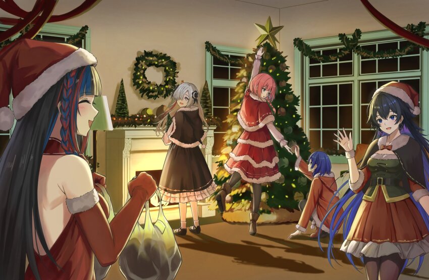 5girls alternate_costume ankle_boots asymmetrical_bangs bag bell_sleeves black_hair blue_hair blunt_bangs boots bow bowtie braid capelet christmas christmas_lights christmas_ornaments christmas_star christmas_tree christmas_tree_hair_ornament christmas_wreath colored_inner_hair detached_sleeves double-parted_bangs dress elbow_gloves fireplace flower frilled_skirt frills fur-trimmed_capelet fur-trimmed_dress fur-trimmed_headwear fur-trimmed_sleeves fur-trimmed_wristband fur_trim gloves gurameso hair_flower hair_ornament harusaruhi hat highres holding holding_bag hood hood_down hooded_jacket imminent_hand_holding indoors isekaijoucho jacket kaf_(kamitsubaki_studio) kamitsubaki_studio koko_(kamitsubaki_studio) leather_belt long_hair long_sleeves mary_janes multicolored_hair multiple_girls one_eye_covered pants pantyhose pink_hair plastic_bag rim_(kamitsubaki_studio) santa_boots santa_capelet santa_costume santa_dress santa_hat shoes short_hair side_braid skirt smile squatting standing tiptoes virtual_youtuber waving_hands white_hair window wreath