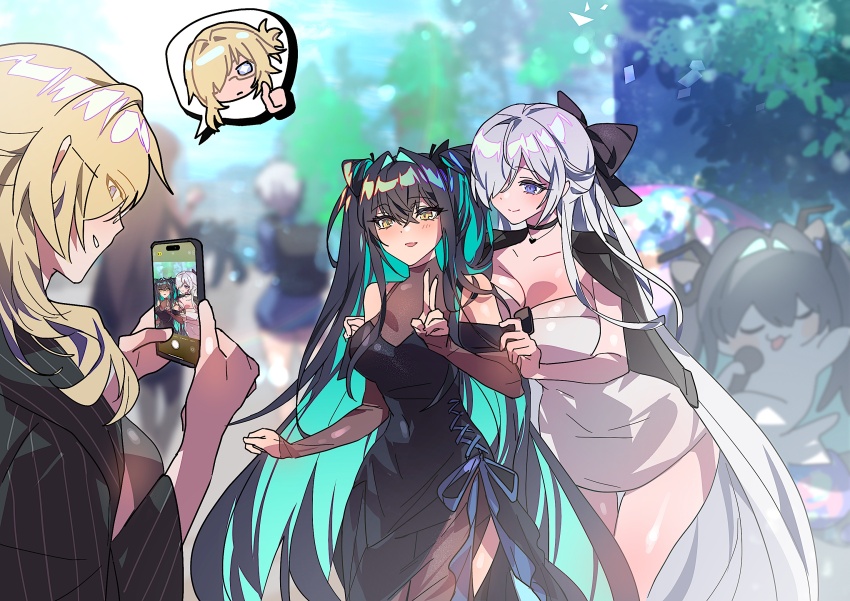 3girls aqua_hair blonde_hair cinderella_(beautiful_me)_(nikke) cinderella_(nikke) dress goddess_of_victory:_nikke grave_(beautiful_you)_(nikke) grave_(nikke) grey_dress grey_hair highres holding holding_phone little_mermaid_(nikke) long_hair mimlmi multiple_girls official_alternate_costume phone taking_picture