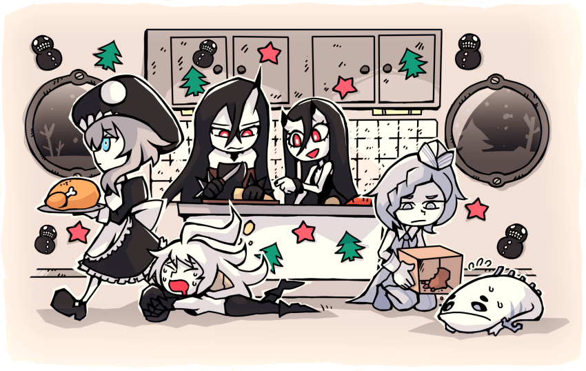 5girls abyssal_pacific_princess abyssal_ship apron battleship_princess battleship_water_oni christmas commission cooking decorations drooling food highres horns kantai_collection knife maid mouth_drool multiple_girls new_battleship_princess pale_skin panettone_(food) setz single_horn turkey_(food) white_apron wo-class_aircraft_carrier