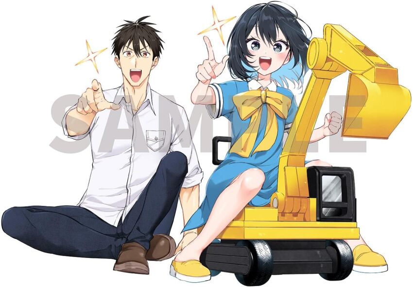 1boy 1girl :d anemone_(online_shopper) aqua_dress arafoo_otoko_no_isekai_tsuuhan_seikatsu black_hair black_pants blush bow bowtie breast_pocket brown_eyes brown_shoes child clenched_hand collared_shirt colored_inner_hair dot_nose dress dress_shirt excavator floating_hair grey_eyes ken&#039;ichi_hamada l_hand looking_at_viewer medium_hair multicolored_hair official_art open_collar open_mouth pants pocket pointing pointing_forward raised_eyebrows sample_watermark shirt shoes short_hair short_sleeves simple_background sitting sleeves_rolled_up smile teeth umiharu untucked_shirt upper_teeth_only v-shaped_eyebrows very_short_hair watermark white_background white_shirt yellow_bow yellow_bowtie yellow_shoes