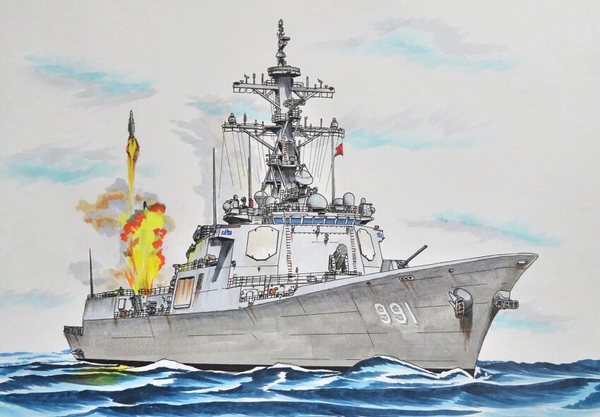 1other battleship cannon cloud cloudy_sky day destroyer fire highres launching military military_vehicle missile naval_flag navy ocean original radar_dish railing red_flag ship ship_turret sky smile_(jdsmyoko) smoke traditional_media vehicle_focus warship watercraft