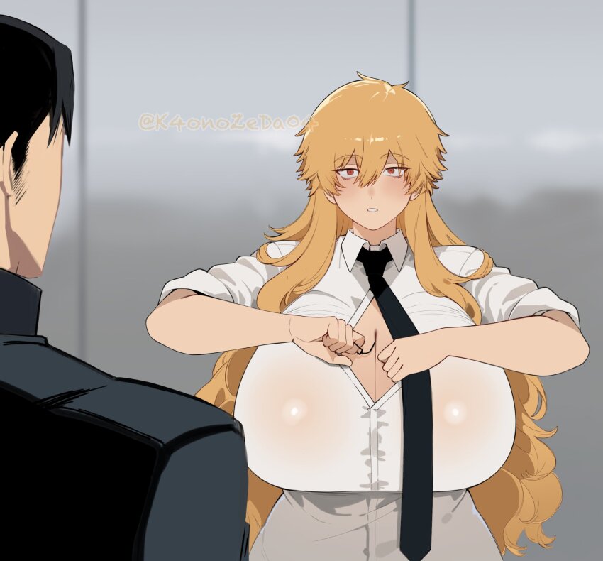 1boy 1girl between_breasts black_necktie breasts brown_hair chainsaw_man cleavage collared_shirt denji_(chainsaw_man) genderswap genderswap_(mtf) gigantic_breasts hayakawa_aki highres impossible_clothes impossible_shirt long_hair looking_at_another necktie partially_unbuttoned pull_cord red_eyes shirt very_long_hair white_shirt ze_(k4onozeda04)