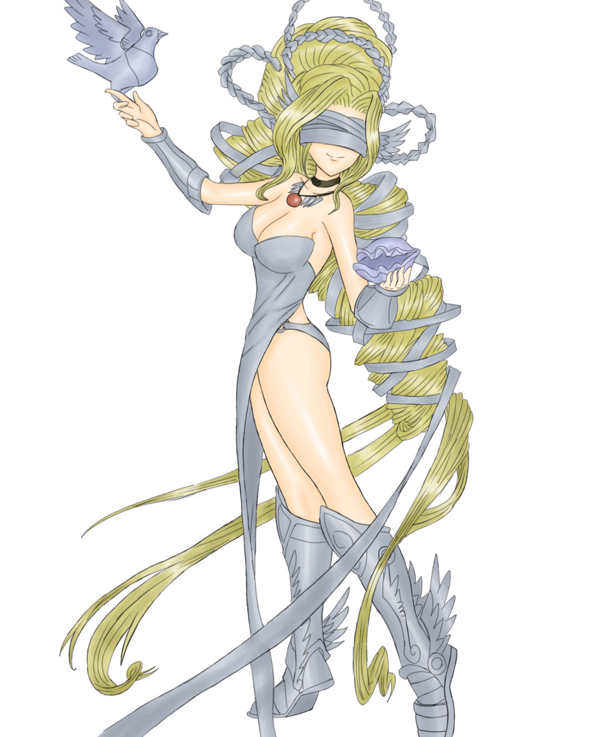 1girl armor blindfold blonde_hair digimon digimon_(creature) highres hotan_(digimon) long_hair olive_(digimon) venusmon very_long_hair