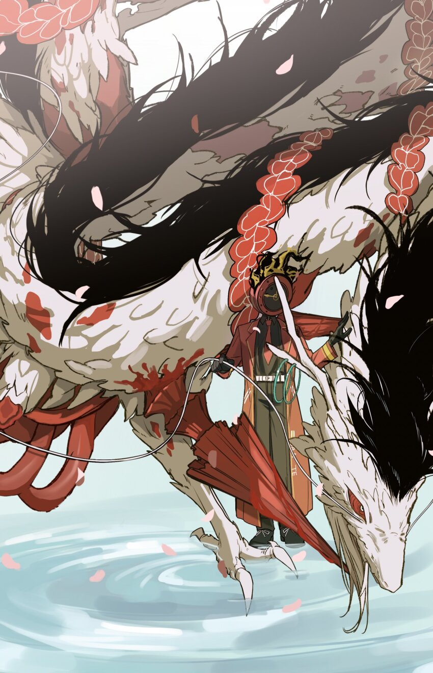 1boy 1other black_pants black_shirt black_shoes clock coat dante_(limbus_company) dragon e.g.o_(project_moon) highres hong_lu_(project_moon) limbus_company monster necktie object_head pants project_moon red_coat red_eyes red_necktie ripples shirt shoes tears_of_the_tarnished_blood_(e.g.o) tokumei81894463