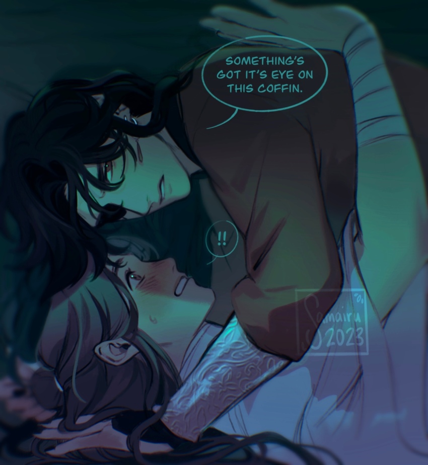 ! !! 2boys arm_wrap artist_name bandaged_neck bandages black_hair blush brown_eyes brown_hair chinese_clothes coffin earrings encasement english_text eyepatch floating_earring green_light hair_bun hanfu highres hua_cheng jewelry long_hair long_sleeves looking_at_another looking_at_viewer lying male_focus multiple_boys on_back open_mouth red_hanfu samairu single_hair_bun speech_bubble spoken_exclamation_mark tianguan_cifu trapped upper_body watermark white_hanfu xie_lian