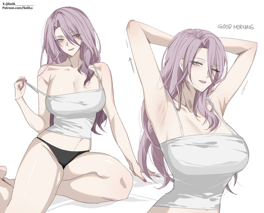 1girl absurdres armpits arms_up bare_shoulders black_panties blue_eyes breasts camisole cleavage collarbone commentary english_text highres honkai_(series) jade_(honkai:_star_rail) large_breasts long_hair looking_at_viewer midriff multiple_views no_pants one_eye_closed paid_reward_available panties purple_hair seol_(baconontheclock) sitting stretching symbol-only_commentary underwear white_camisole