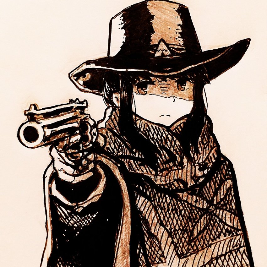 1girl aiming alternate_costume gun handgun hat highres looking_at_viewer monochrome poncho red_dead_redemption_(series) red_dead_redemption_2 revolver ryosharke shima_rin simple_background weapon yurucamp