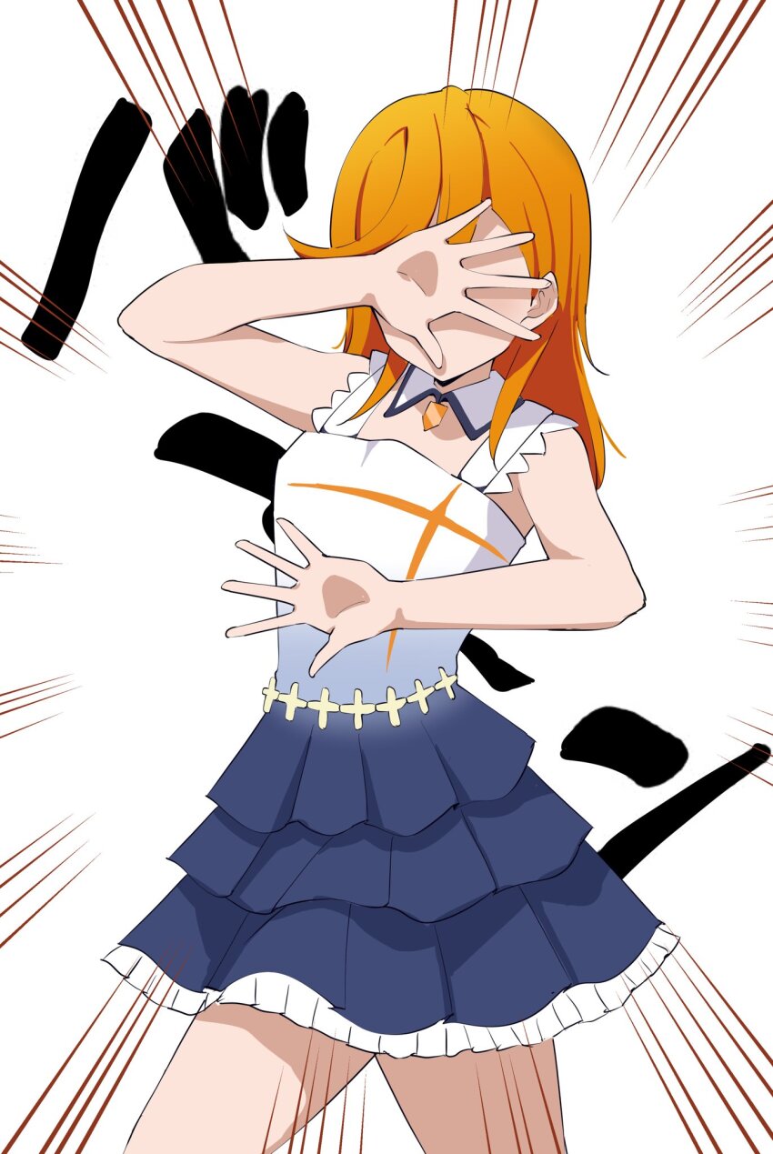 1girl barkhorn0331 blue_dress commentary_request detached_collar dress emphasis_lines gradient_clothes gradient_dress hajimari_wa_kimi_no_sora highres love_live! love_live!_superstar!! medium_hair orange_hair shibuya_kanon sleeveless sleeveless_dress solo sound_effects upper_body white_background white_dress
