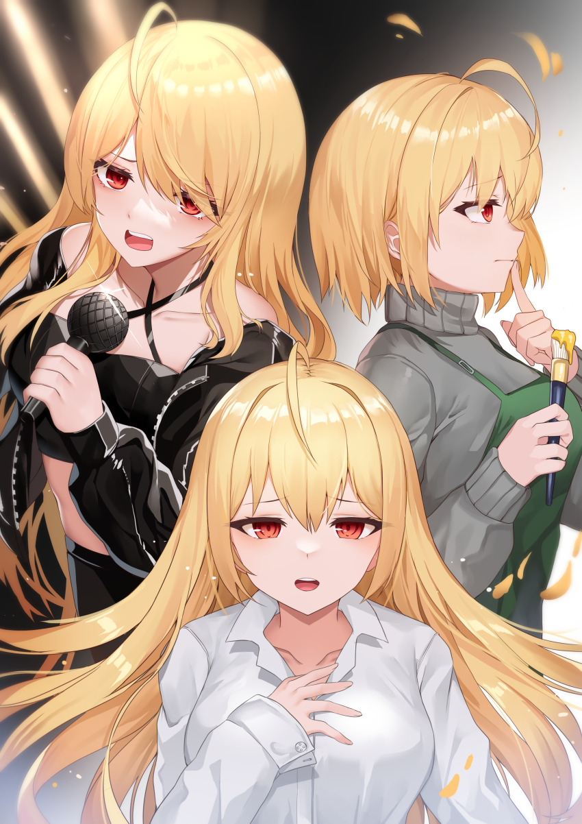 1girl absurdres ahoge alternate_hair_length alternate_hairstyle apron black_jacket blonde_hair closed_mouth collarbone collared_shirt crop_top deogho_(liujinzy9854) green_apron grey_sweater highres holding holding_microphone holding_paintbrush jacket jingburger long_hair long_sleeves microphone open_clothes open_jacket open_mouth paintbrush red_eyes shirt sweater virtual_youtuber waktaverse white_shirt