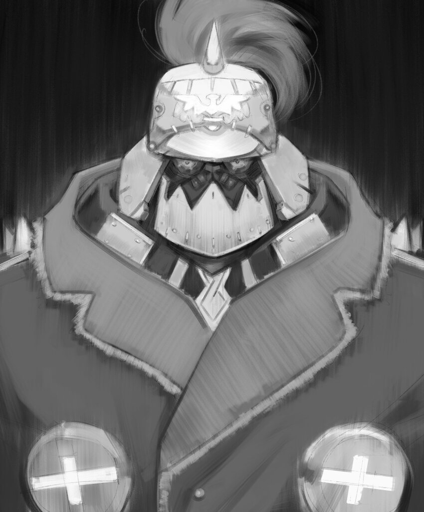 1boy absurdres commentary dark_background formal_clothes goat greyscale guilty_gear guilty_gear_strive helmet highres male_focus monochrome ponytail potemkin_(guilty_gear) shoulder_spikes solo spiked_helmet spikes upper_body xyanaid