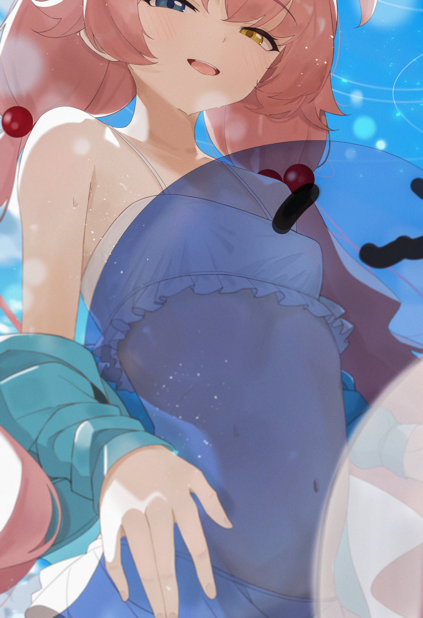 1girl absurdres bare_shoulders bikini blue_archive blue_eyes blue_jacket blush frilled_bikini frills from_below hair_between_eyes heterochromia highres holding holding_toy hoshino_(blue_archive) hoshino_(swimsuit)_(blue_archive) inflatable_toy inflatable_whale jacket long_hair looking_at_viewer mochi_(jun2743) navel official_alternate_costume official_alternate_hairstyle open_mouth sidelocks solo stomach swimsuit teeth toy twintails upper_teeth_only wet white_bikini yellow_eyes