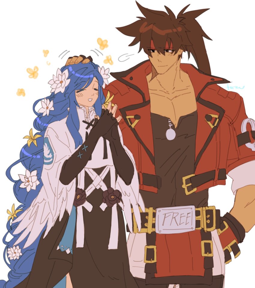 1boy 1girl black_dress black_shirt blue_hair brown_hair closed_eyes collarbone dizzy_(guilty_gear) dress father_and_daughter flower guilty_gear guilty_gear_strive hair_flower hair_ornament headpat highres jacket long_hair multicolored_dress muscular muscular_male ponytail queen_dizzy red_jacket shirt sol_badguy tazuransi upper_body very_long_hair white_dress white_flower