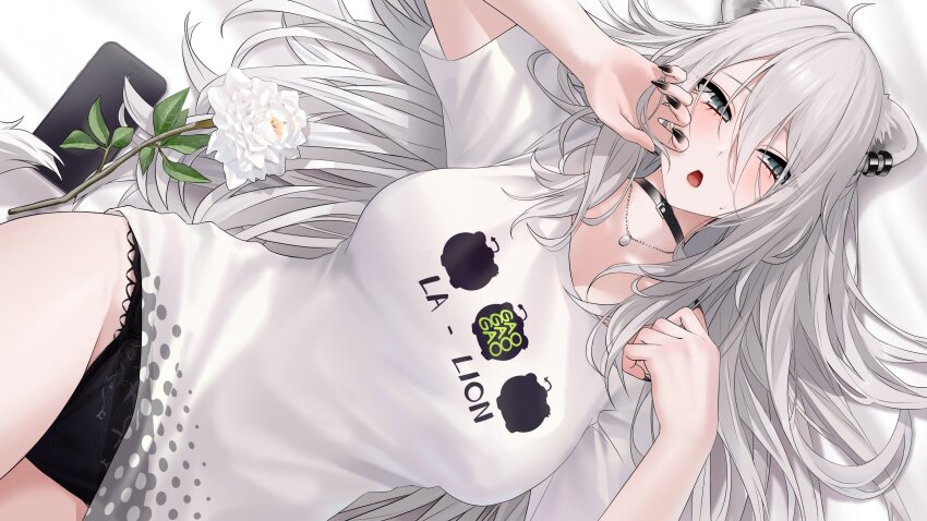 1girl absurdres ahoge animal_ear_fluff animal_ear_piercing animal_ears black_choker black_nails black_panties breasts choker commentary double-parted_bangs grey_eyes grey_hair hair_between_eyes highres hololive jewelry lace lace-trimmed_panties lace_trim large_breasts lion_ears lion_tail long_hair looking_at_viewer lying messy_hair nail_polish necklace no_pants official_alternate_costume official_alternate_hairstyle on_back open_mouth panties print_shirt shirt shishiro_botan shishiro_botan_(casual) solo symbol-only_commentary t-shirt tail underwear very_long_hair virtual_youtuber wanne white_shirt