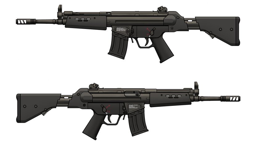 assault_rifle carbine english_text from_side gun h&amp;k_hk53 handle highres magazine_(weapon) multiple_views no_humans original rifle short-barreled_rifle simple_background spartan56_(116_spartan56) weapon weapon_focus white_background