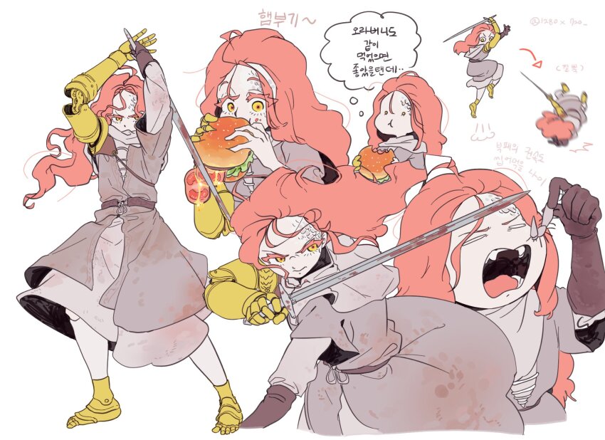 1280x720 1girl aged_down arrow_(symbol) artist_name blood bloody_weapon brown_gloves bug burger colored_eyelashes commentary_request eating elden_ring failure fallen_down fighting_stance food food_on_face gloves highres holding holding_burger holding_food holding_sword holding_weapon jumping korean_commentary korean_text malenia_blade_of_miquella multiple_views open_mouth prosthesis prosthetic_arm prosthetic_leg red_hair rotting serious speech_bubble sword teeth thought_bubble tomato tomato_slice tongue translation_request weapon yellow_eyes