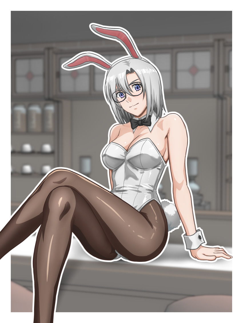 1girl animal_ear_hairband animal_ears black_bow black_bowtie black_pantyhose bow bowtie breasts commission counter detached_collar ehou_mangan fake_animal_ears feet_out_of_frame glasses grey_eyes grey_hair hairband highres large_breasts leotard looking_at_viewer original pantyhose playboy_bunny rabbit_ears rabbit_tail short_hair sitting skeb_commission solo strapless strapless_leotard tail white_leotard wrist_cuffs