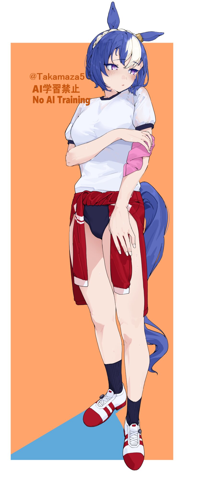 1girl absurdres animal_ears black_buruma black_socks blue_hair blush braid buruma cesario_(umamusume) clothes_around_waist crown_braid highres horse_ears horse_girl horse_tail jacket jacket_around_waist multicolored_hair multicolored_shoes parted_lips red_jacket red_shoes shirt shoes socks solo sweat tail takamaza twitter_username two-tone_shoes umamusume unworn_jacket white_hair white_shirt white_shoes