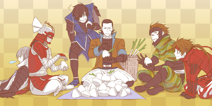 :t armor back-to-back brown_coat brown_hair camouflage checkered_background coat date_masamune_(sengoku_basara) eating eyepatch flame_print food gradient_background grey_hair hair_slicked_back helmet indian_style ishida_mitsunari_(sengoku_basara) jacket japanese_armor kabuto_(helmet) katakura_kojuurou_(sengoku_basara) long_hair looking_at_another looking_at_object low_ponytail male_focus notice_lines onigiri ootani_yoshitsugu_(sengoku_basara) ponytail red_jacket sabo27ten sanada_yukimura_(sengoku_basara) sarutobi_sasuke_(sengoku_basara) sengoku_basara shaded_face short_hair sitting sleeping spring_onion yellow_background