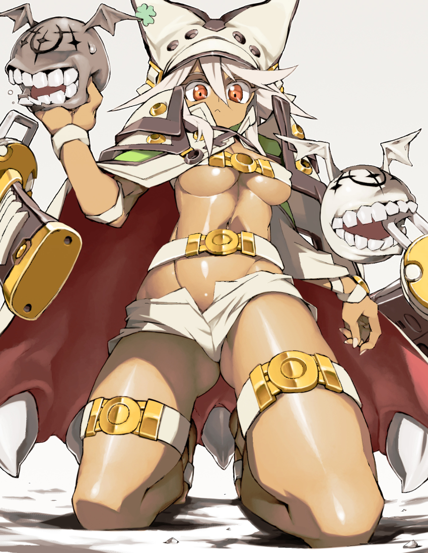 1girl barefoot belt_bra breasts cape clover commission creature dark_skin dark-skinned_female floating_sword four-leaf_clover gluteal_fold guilty_gear guilty_gear_xrd highres huge_weapon kneeling looking_at_viewer medium_breasts orange_eyes platinum_blonde_hair ramlethal_valentine short_hair short_shorts shorts skeb_commission solo_focus sword thigh_strap underboob weapon ysk!