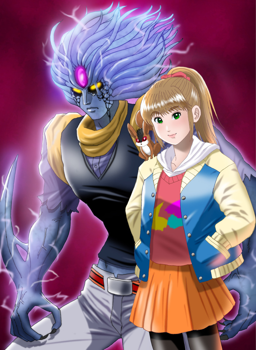 1boy 1girl absurdres akirasamuraiboy animal animal_on_shoulder arm_blade baoh baoh_raihousha black_pantyhose black_sclera black_shirt brown_hair colored_sclera colored_skin green_eyes grey_skin hands_in_pockets highres jacket orange_skirt pantyhose ponytail purple_hair red_background red_shirt scarf shirt skirt sumire_(baoh) weapon yellow_eyes yellow_scarf