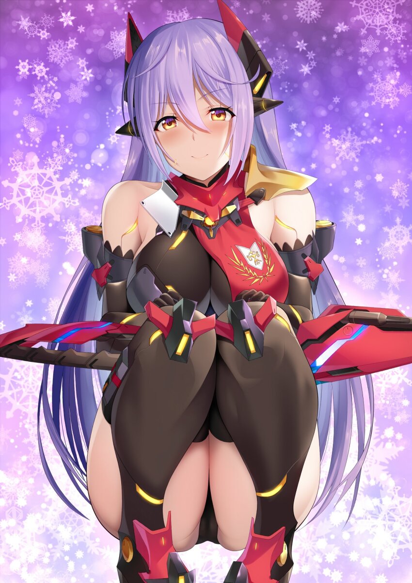 1girl android armored_boots black_gloves black_leotard black_panties black_thighhighs blush boots breasts closed_mouth daive elbow_gloves gloves glowing highres large_breasts leotard light_smile long_hair looking_at_viewer panties poppi_(xenoblade) poppi_qtpi_(xenoblade) purple_hair red_boots robot_ears smile solo solo_focus thighhighs underwear very_long_hair weapon xenoblade_chronicles_(series) xenoblade_chronicles_2 yellow_eyes