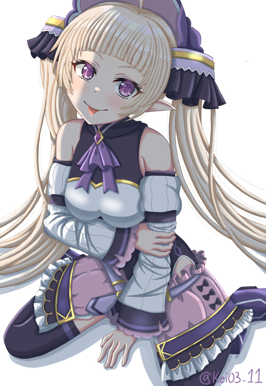1boy ahoge artist_name artist_request bare_shoulders belt blonde_hair blush boots bow bowtie chest_jewel crossdressing detached_sleeves elf hair_ornament hand_on_ground holding_own_arm long_hair looking_at_viewer male_focus pink_skirt pointy_ears princess_connect! purple_eyes purple_shoes saliva shadow shoes side_bangs skirt smile thighhighs tongue tongue_out trap twintails very_long_hair white_background yuki_(princess_connect!) zettai_ryouiki