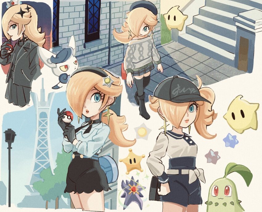 1girl alternate_costume bare_shoulders baseball_cap beret black_boots black_gloves black_hairband black_jacket black_shirt black_shorts black_skirt black_thighhighs blonde_hair blue_eyes blue_skirt boots breasts chikorita closed_mouth colored_sclera colored_skin crossover crown day earrings gem gen_1_pokemon gen_2_pokemon gen_6_pokemon gloves grand_star_(mario) grey_sweater hair_ornament hair_over_one_eye hairband hat highres holding jacket jewelry lamppost leaf long_hair long_sleeves lumiose_city mario_(series) mega_pokemon mega_starmie meowstic meowstic_(female) nintendo no_eyes off-shoulder_sweater off_shoulder open_clothes open_jacket outdoors parted_lips plaid_clothes plaid_skirt pleated_skirt pokemon pokemon_(creature) pokemon_focus pokemon_legends:_z-a ponytail prism_tower purple_skin red_eyes red_gemstone rosalina sasaki_sakiko shirt shorts side_ponytail skirt smile star_(symbol) star_bit star_earrings star_hair_ornament starfish starmie sweater thighhighs tree white_shirt yellow_sclera